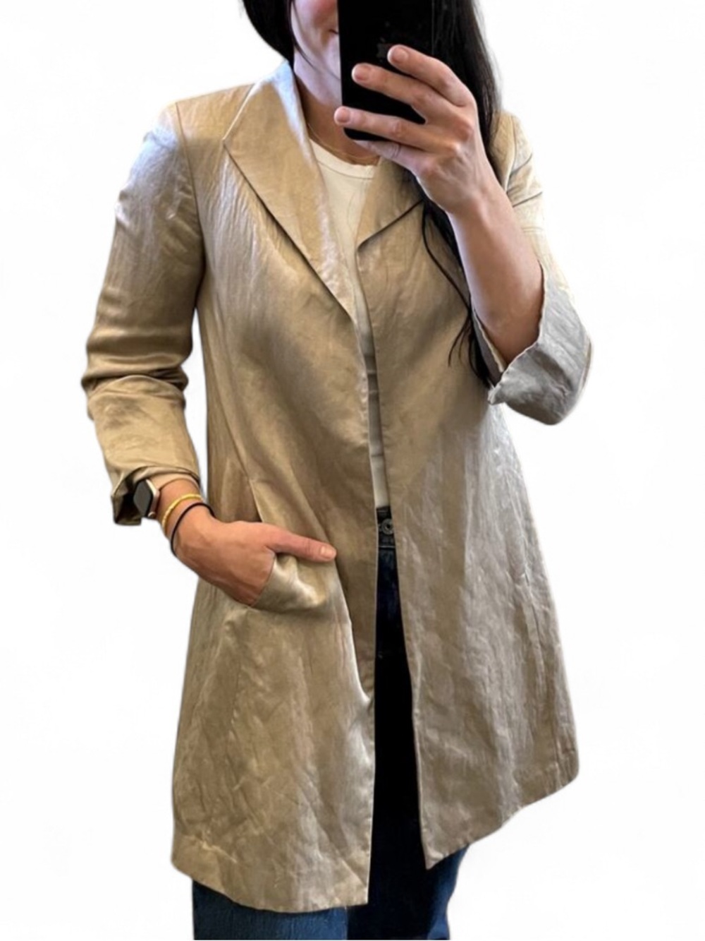✨BNWOT✨ EILEEN FISHER Champagne Silk Linen Open Front Jacket Size Medium